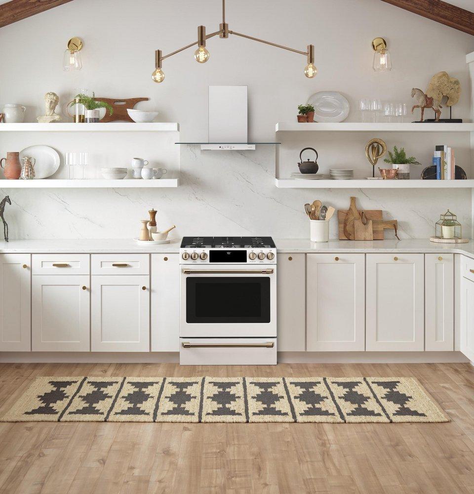 Cafe&trade; Matte White/Brushed Bronze 29-7/8 in. Gas 6-Burner Sealed Slide-in Range 