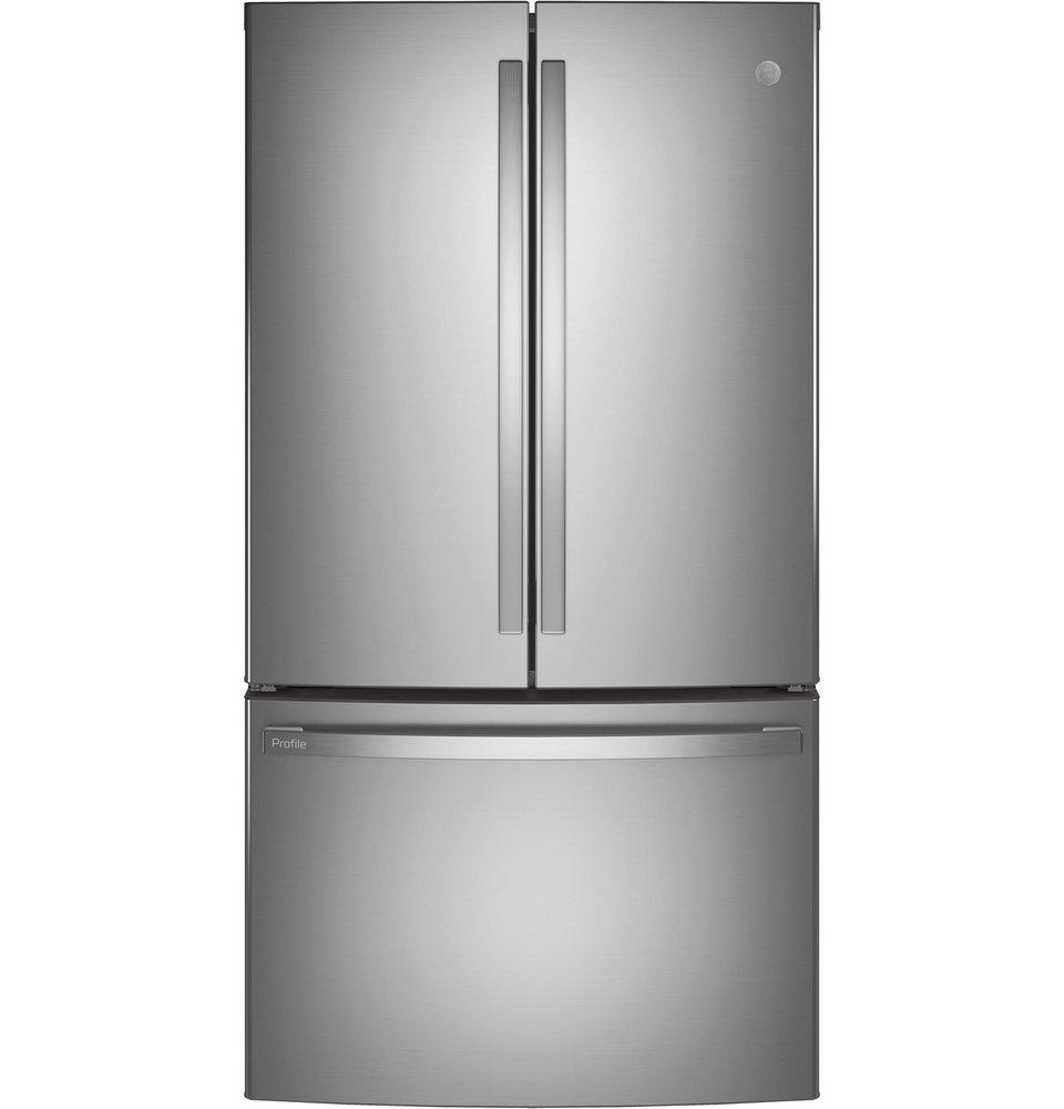 GE&reg; Fingerprint Resistant Stainless Steel 35-3/4 in. 23.1 cu. ft. Bottom Mount Freezer,Counter Depth and French Door Refrigerator 
