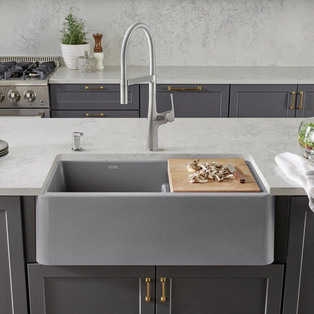 BLANCO Metallic Grey 33 x 19 in. Composite Double Bowl Farmhouse Kitchen Sink 