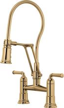 Two Handle Bridge Pull Down Kitchen Faucet in Polished Gold