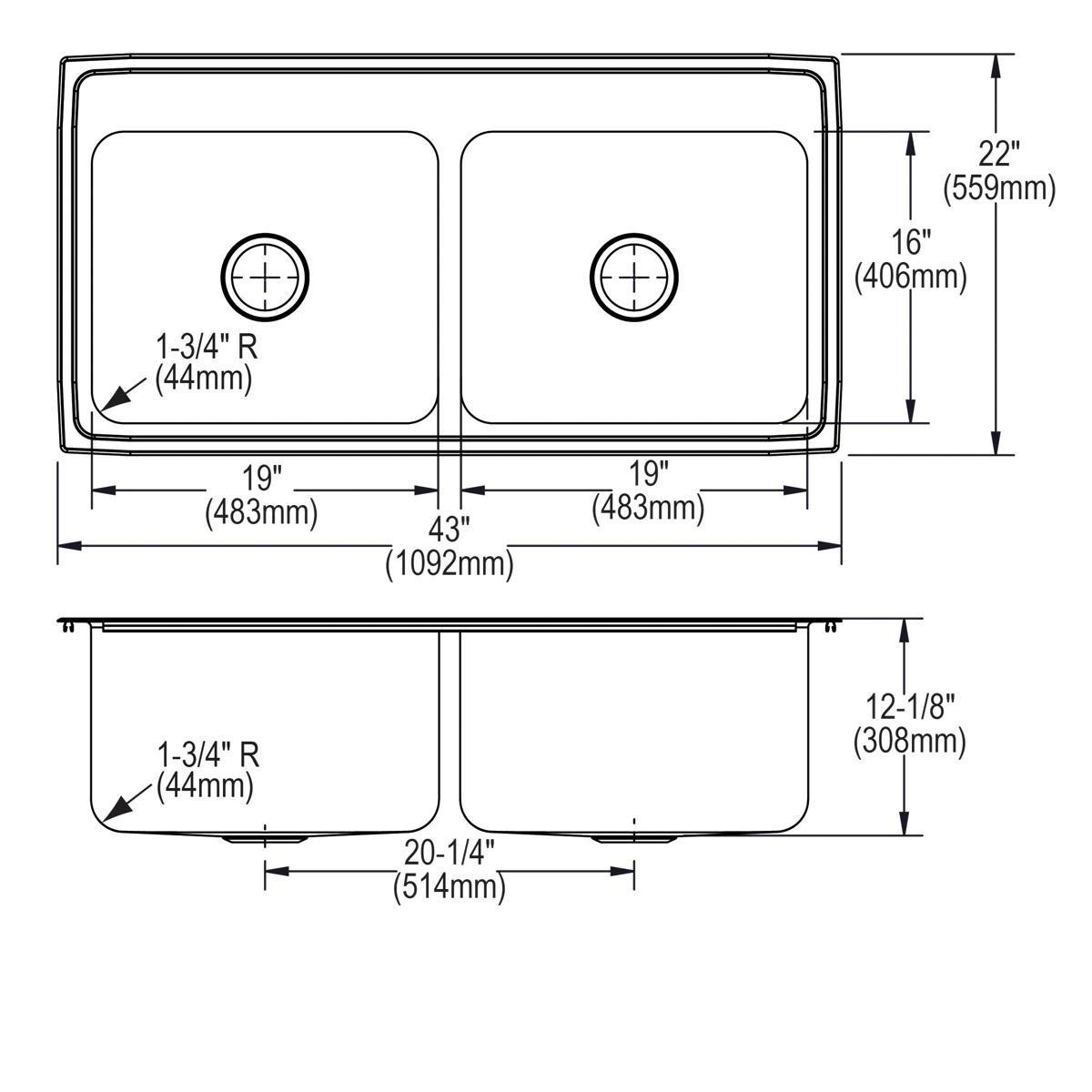 Elkay Lustrous Satin 43 x 22 in. Stainless Steel Double Bowl Drop-in Kitchen Sink in Lustrous Satin 