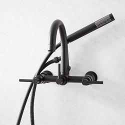 Three Handle Wall Mount Tub Filler with Hand Shower in Matte Black