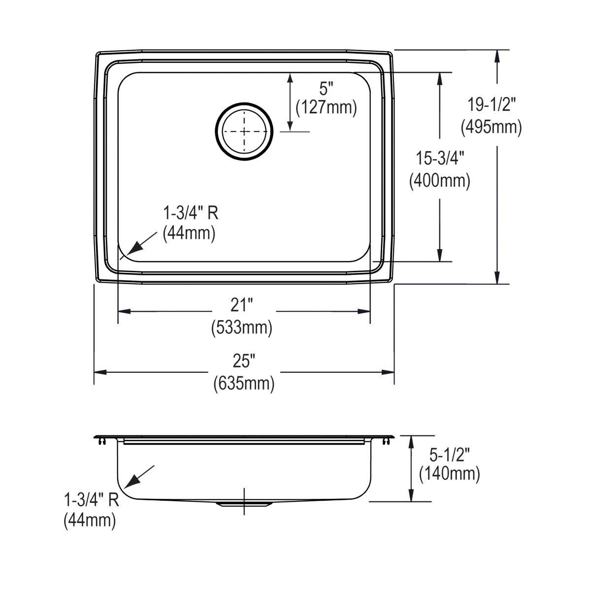 Elkay Stainless Steel 1-Bowl Topmount Rectangular Kitchen Sink with Rear Center Drain 