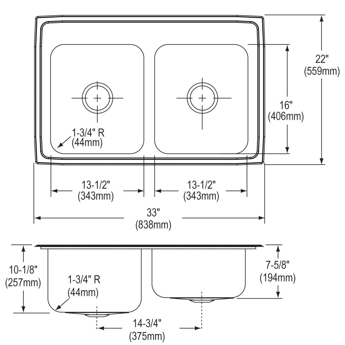 Elkay Lustrous Highlighted Satin 33 x 22 in. 3 Hole Stainless Steel Double Bowl Drop-in Kitchen Sink 