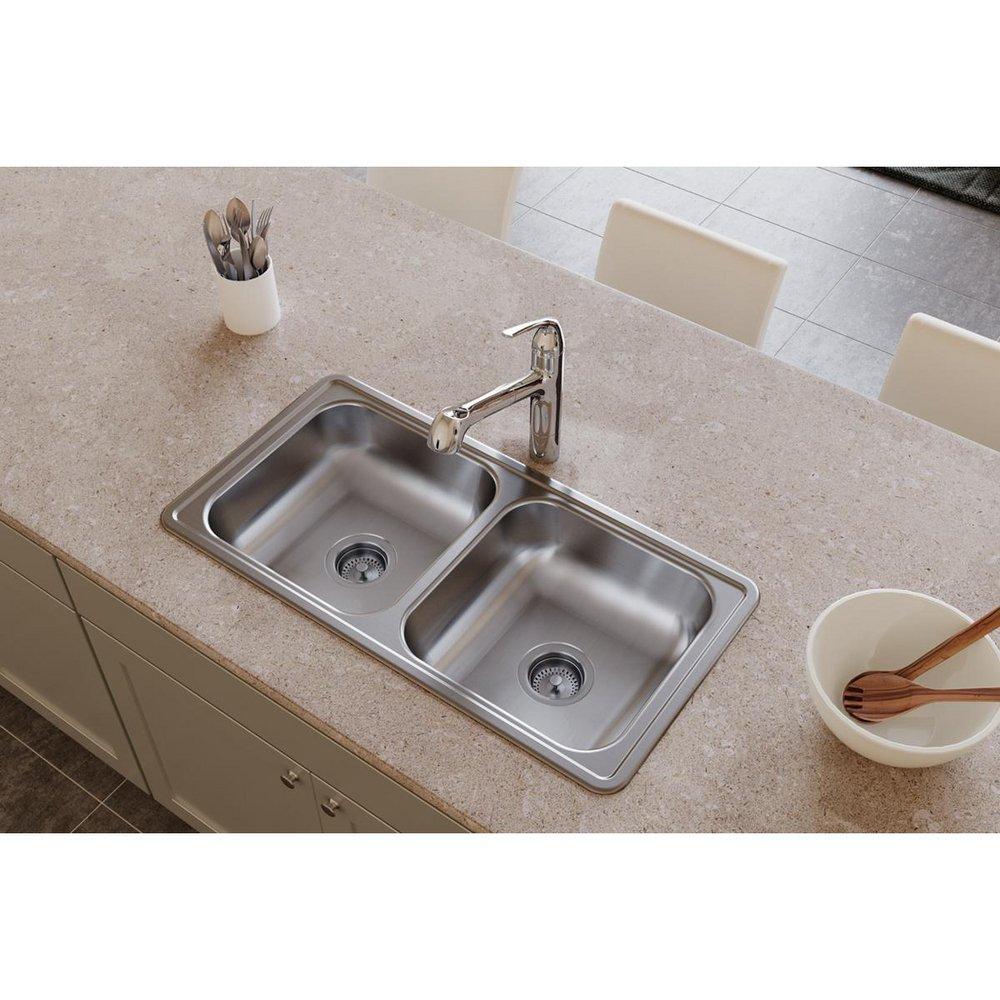 Dayton Satin 33 x 17 in. No Hole Stainless Steel Double Bowl Drop-in Kitchen Sink 