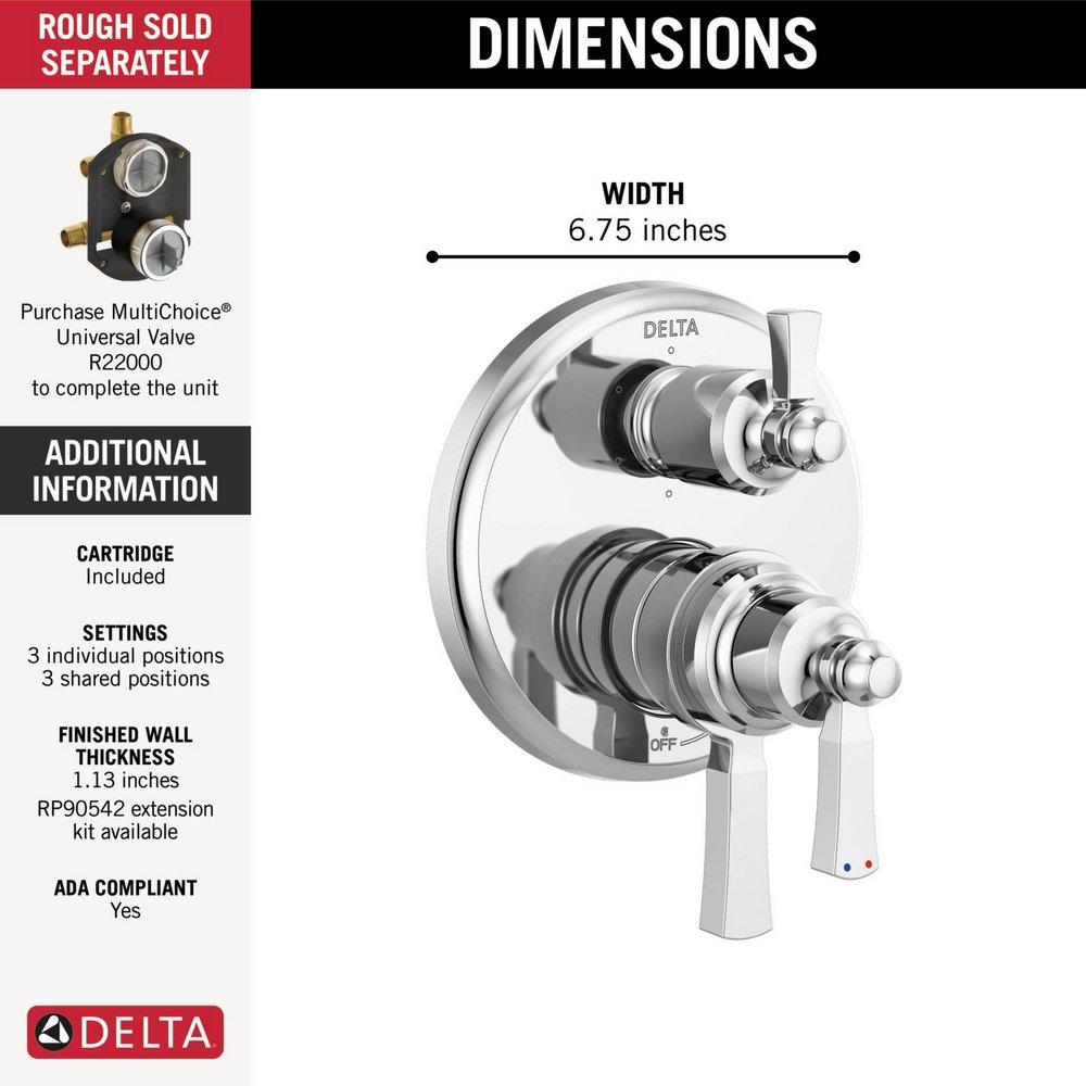 Delta Faucet Chrome Three Handle Pressure Balancing Valve Trim with Integrated Diverter 