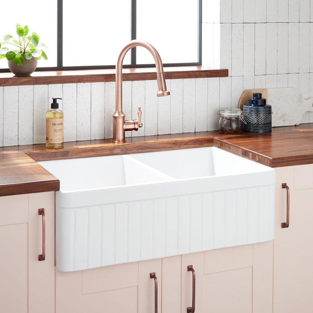 Signature Hardware White 32 x 20 in. Fireclay Double Bowl Farmhouse Kitchen Sink 