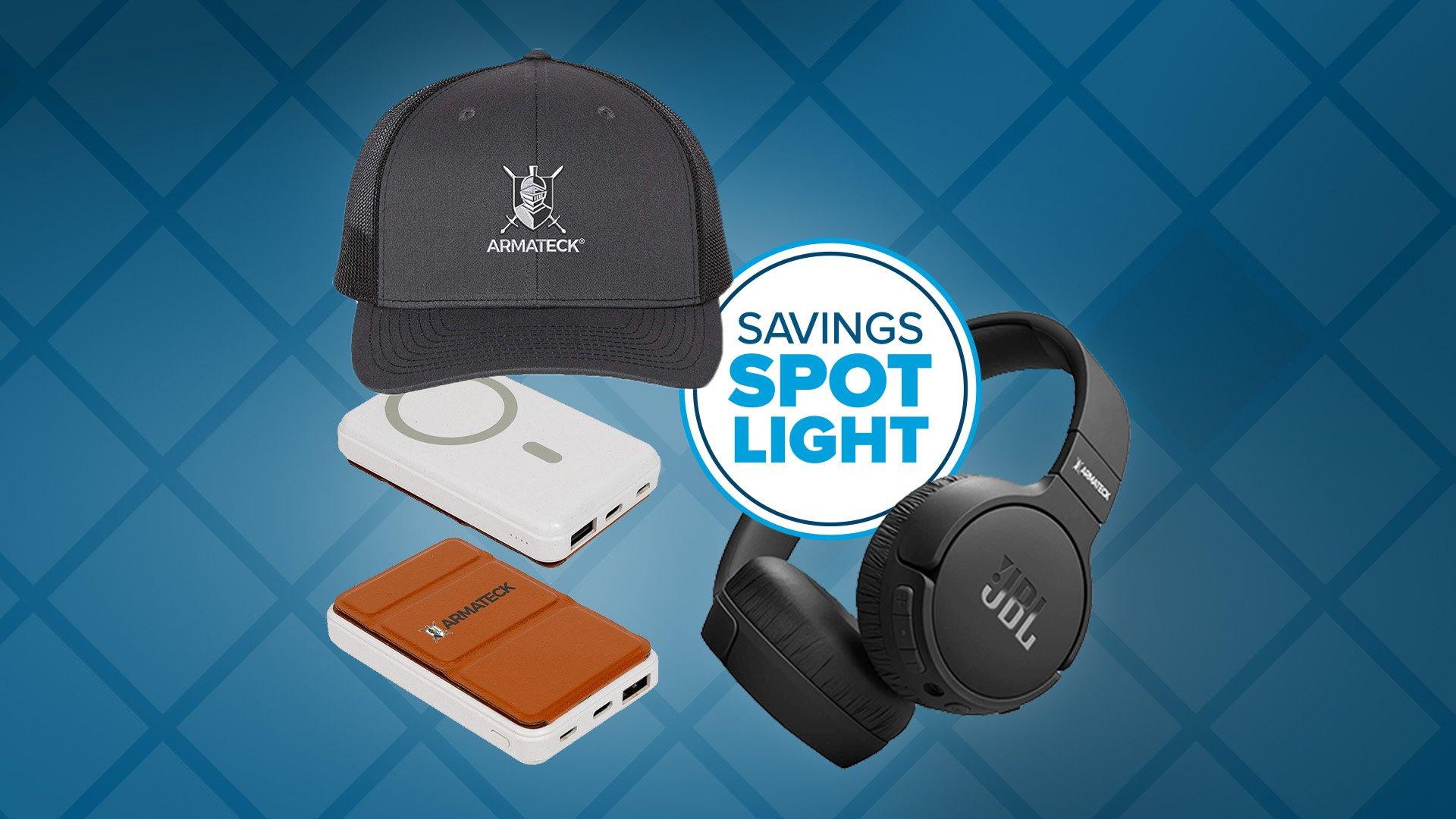Savings spotlight graphics with Armateck merch kit items