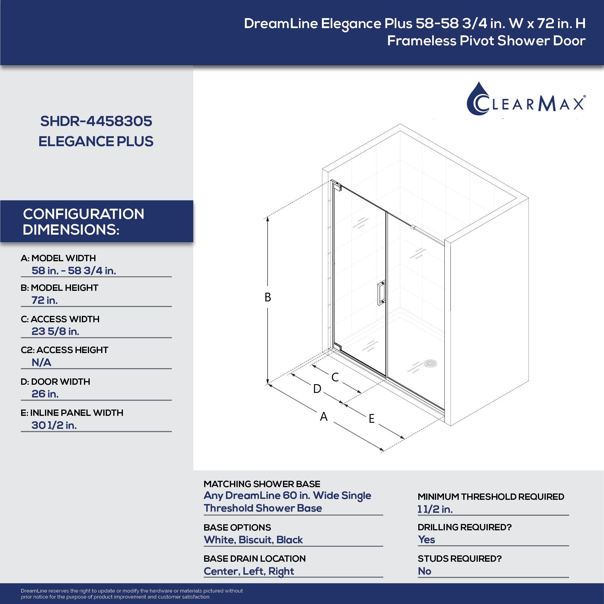 DreamLine Satin Black 72 x 58-3/4 in. Frameless Pivot Shower Door 