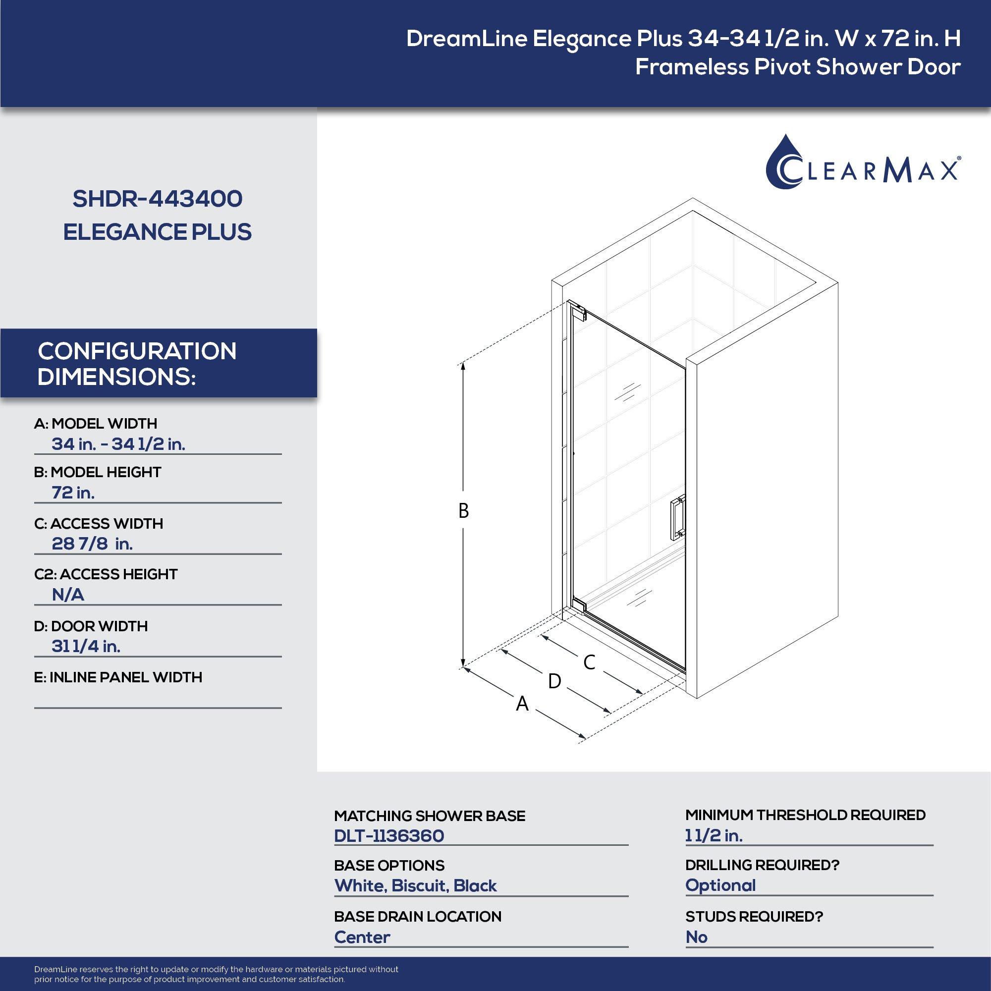 DreamLine Chrome 72 x 34-1/2 in. Frameless Pivot Shower Door 