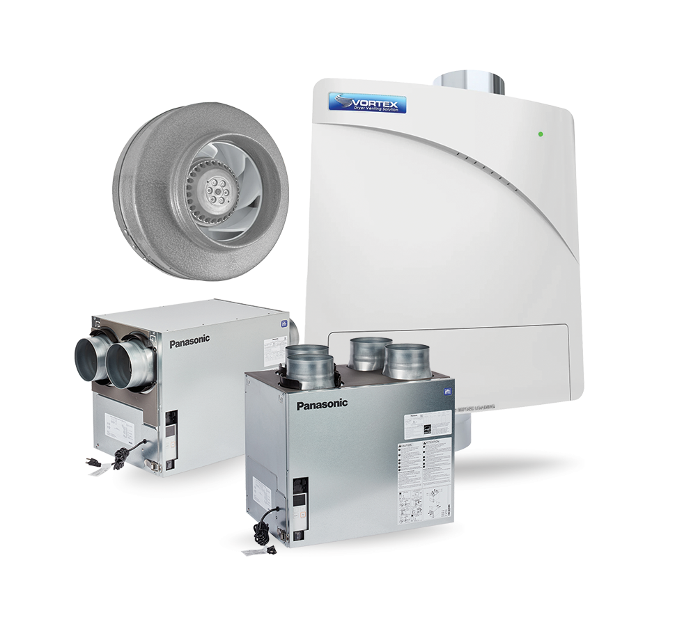 Silo image of white, Panasonic inline fans and ERVs.