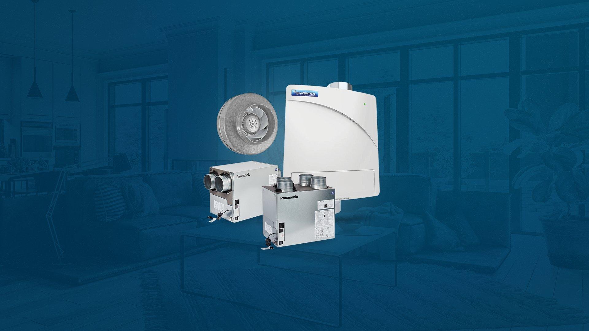 Silo image of white, Panasonic inline fans and ERVs.