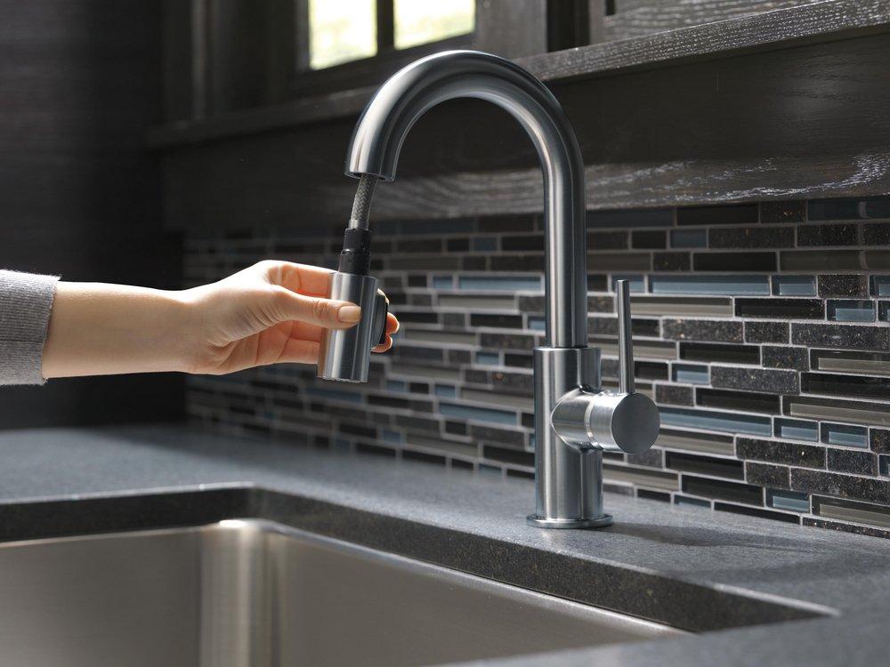 Single Handle Pull Down Bar Faucet in Arctic Stainless 