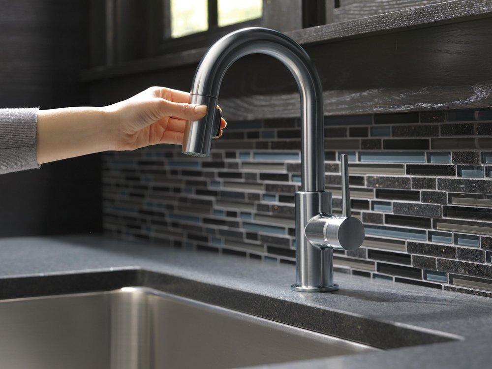 Single Handle Pull Down Bar Faucet in Arctic Stainless 