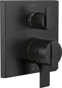 Three Handle Pressure Balancing Valve Trim with Integrated Diverter in Matte Black