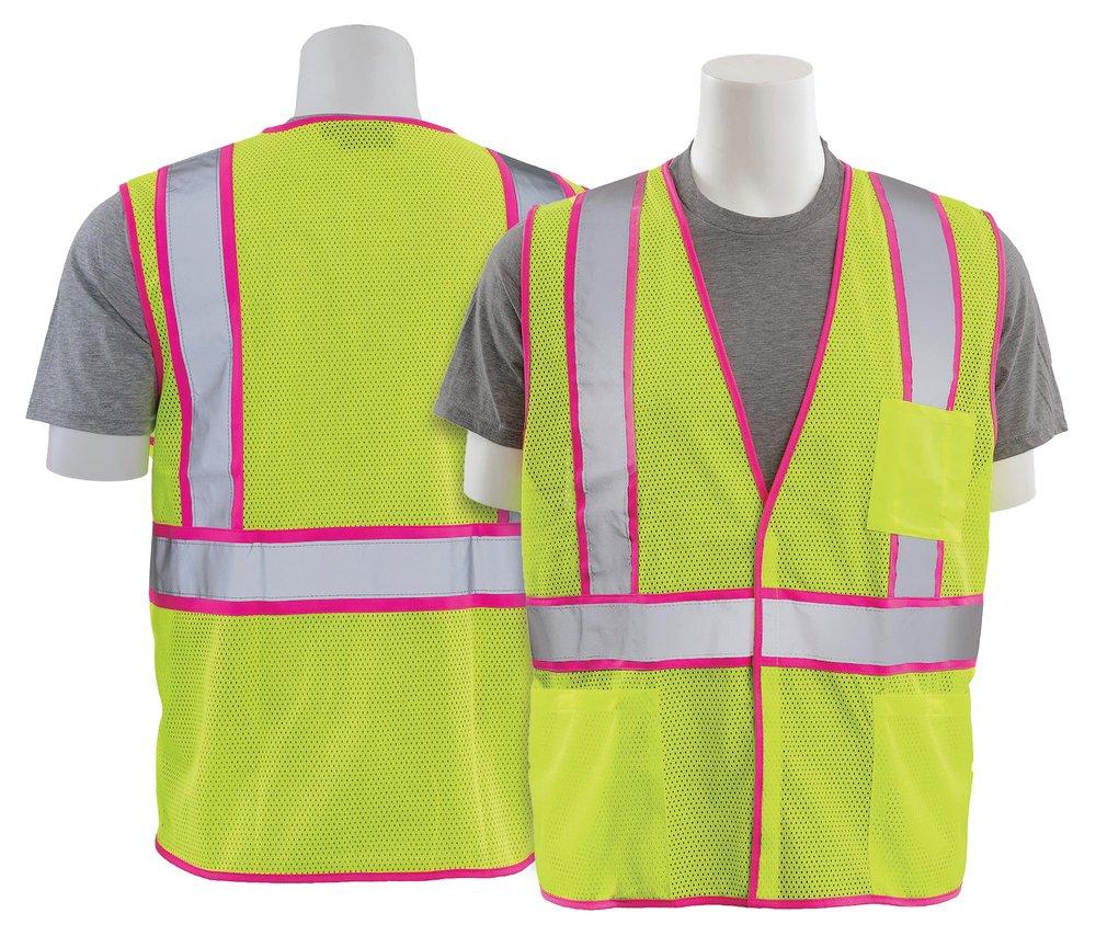 ERB Safety Hi-Viz Lime Polyester Mesh Reusable Safety Vest in Hi-Viz Lime and Pink 