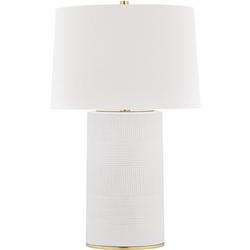 75W 1-Light Medium E-26 Incandescent Table Lamp in Aged Brass with Soft Off White
