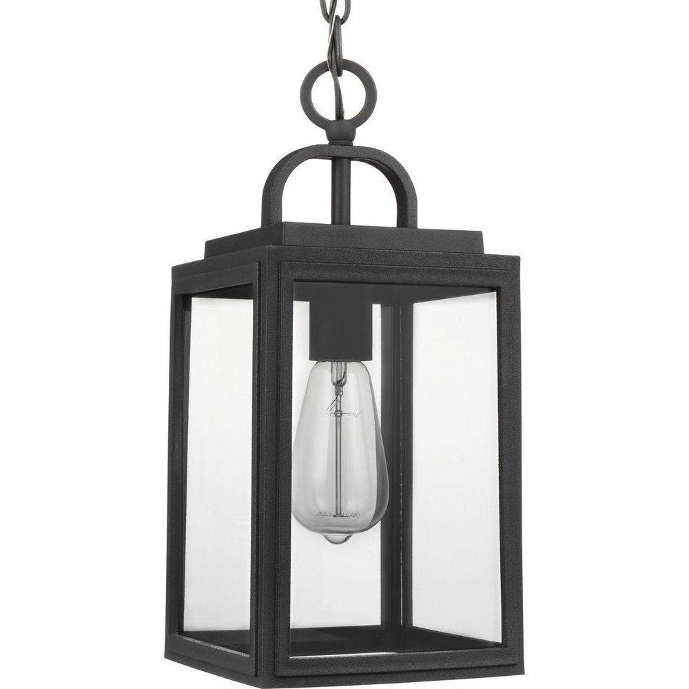 BLACK ONE-LIGHT HANGING LANTERN WITH CLEAR GLASS SHADE 