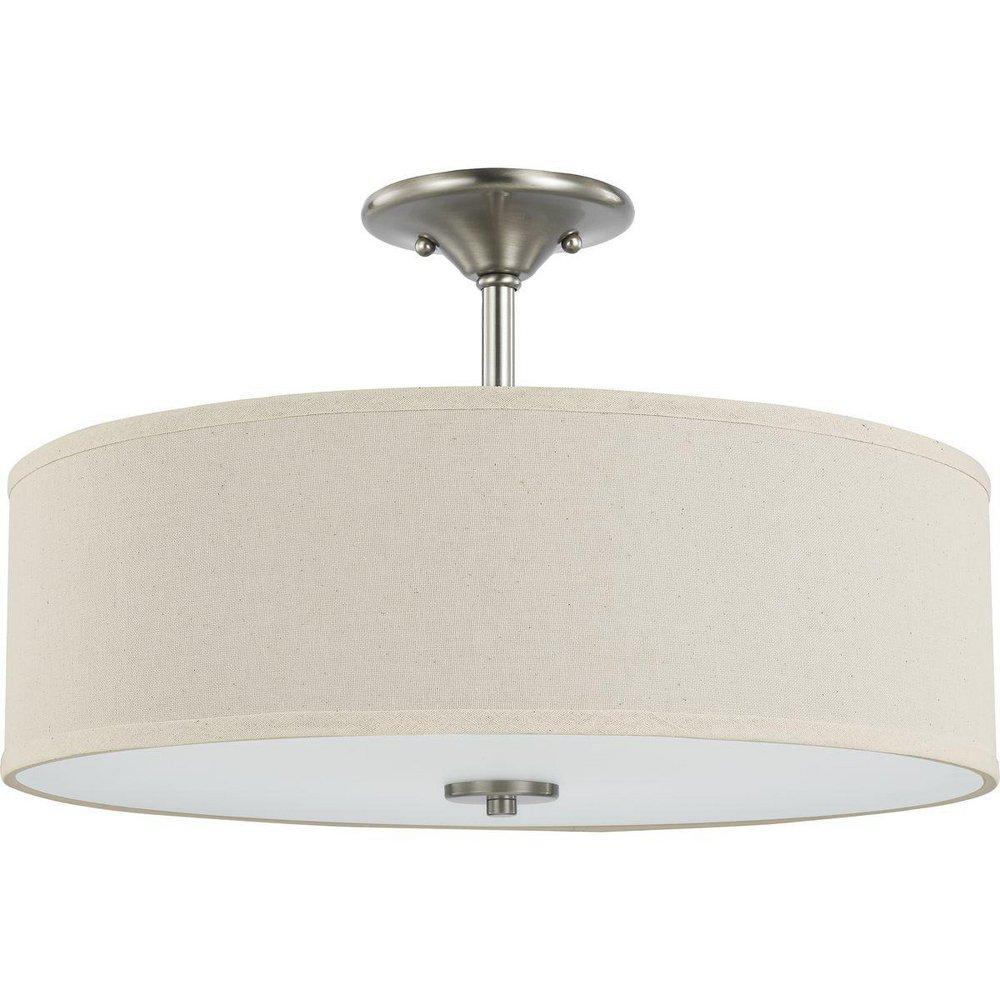 BRUSHED NICKEL THREE-LIGHT SEMI-FLUSH MOUNT WITH AN OFF-WHITE LINEN SHADE 