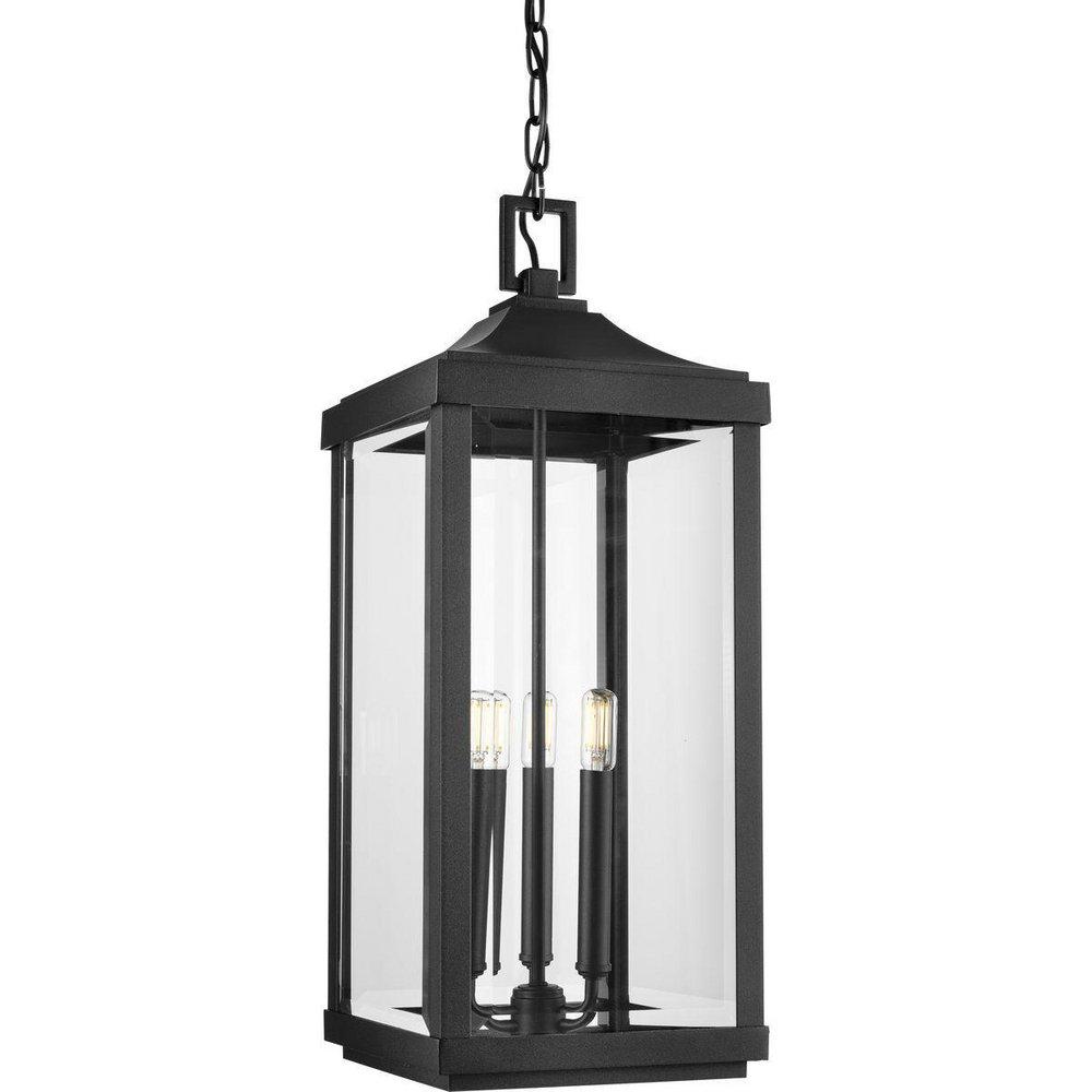 BLACK THREE-LIGHT HANGING LANTERN WITH CLEAR BEVELED GLASS SHADES 