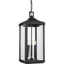 BLACK THREE-LIGHT HANGING LANTERN WITH CLEAR BEVELED GLASS SHADES 