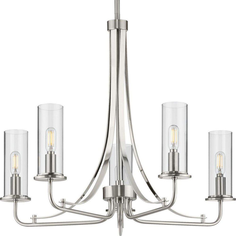 BRUSHED NICKEL FIVE-LIGHT CHANDELIER WITH  GLASS SHADES 