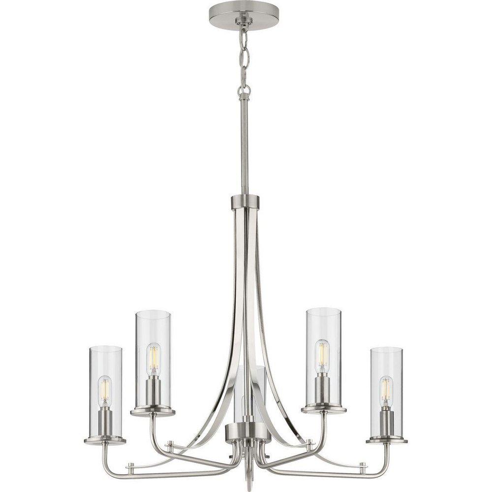 BRUSHED NICKEL FIVE-LIGHT CHANDELIER WITH  GLASS SHADES 