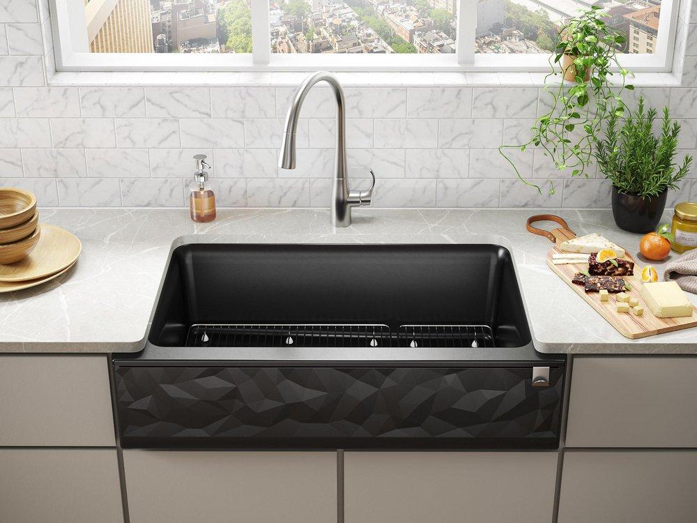 KOHLER Matte Black 35-11/16 x 21-3/16 in. Stone Composite Undermount Kicthen Sink 