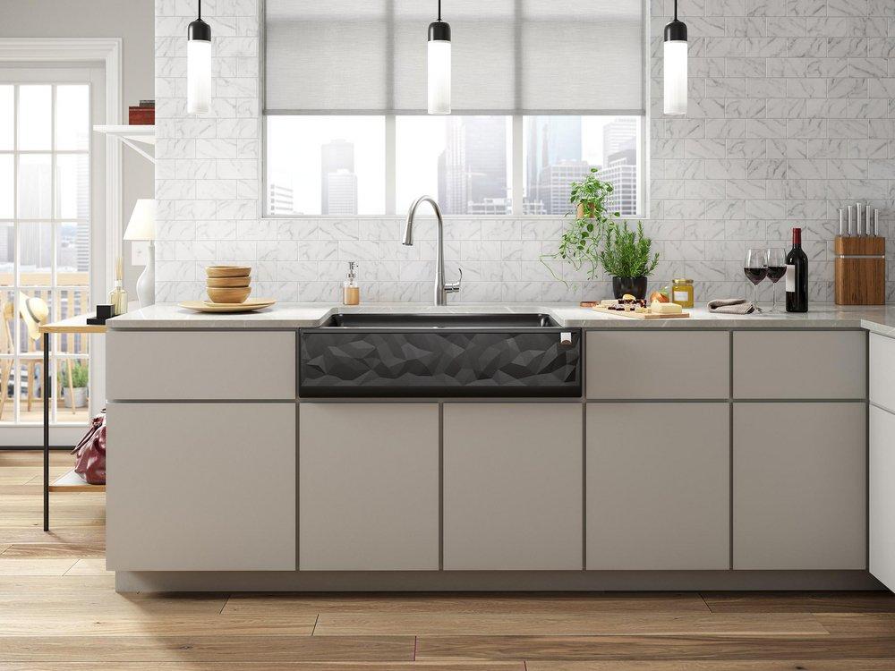 KOHLER Matte Black 35-11/16 x 21-3/16 in. Stone Composite Undermount Kicthen Sink 