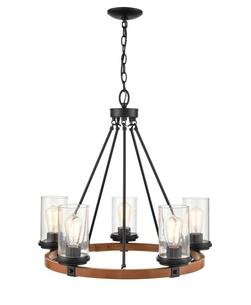 5-Light Chandelier Ceiling Light in Matte Black/Wood Grain