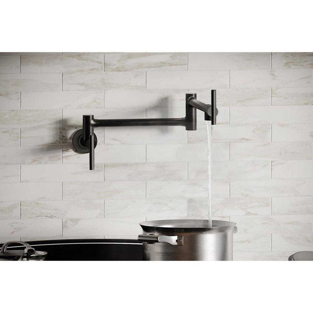 WALL MOUNT SINGLE HOLE POT FILLER KITCHEN FAUCET WITH LEVER HANDLES BLACK STAINLESS 