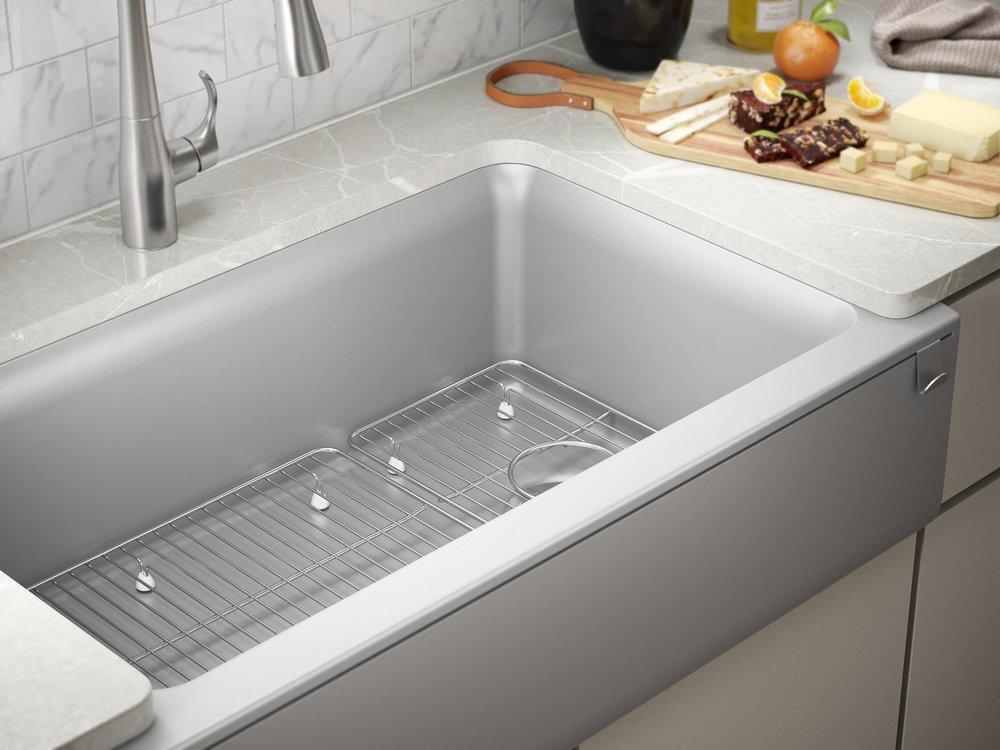KOHLER Matte Grey 34 x 21-3/16 in. No-Hole Composite Single Bowl Farmhouse and Undermount Kitchen Sink 