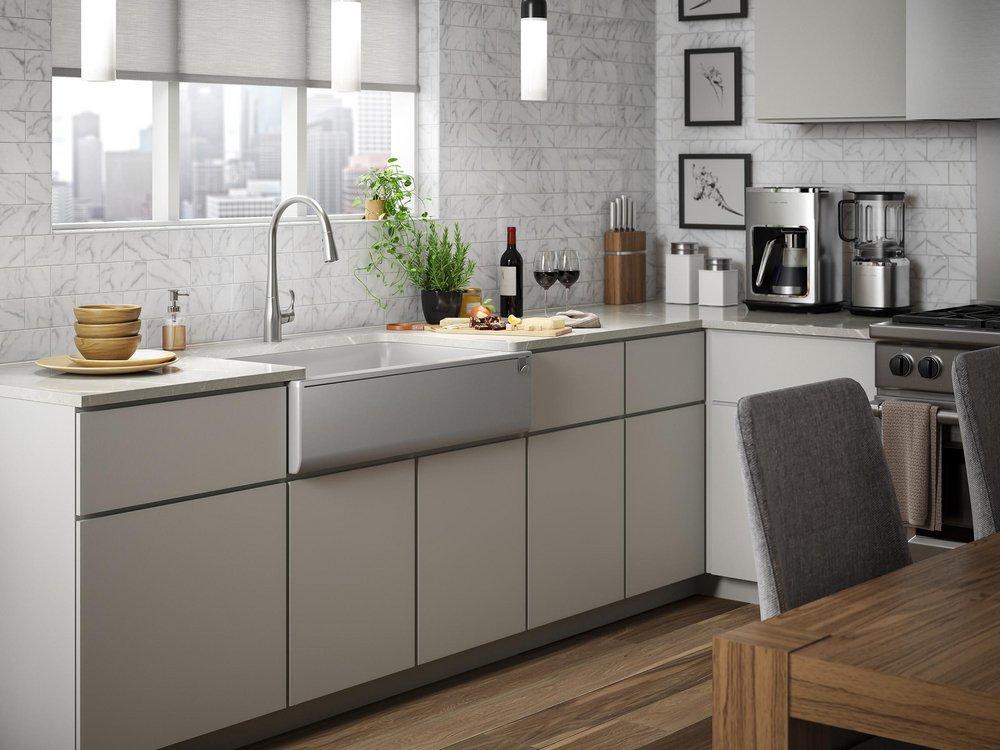 KOHLER Matte Grey 34 x 21-3/16 in. No-Hole Composite Single Bowl Farmhouse and Undermount Kitchen Sink 