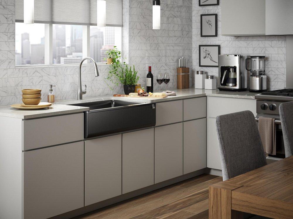 KOHLER Matte Black 35-11/16 x 21-3/16 in. No-Hole Neoroc Single Bowl Farmhouse and Undermount Kitchen Sink 