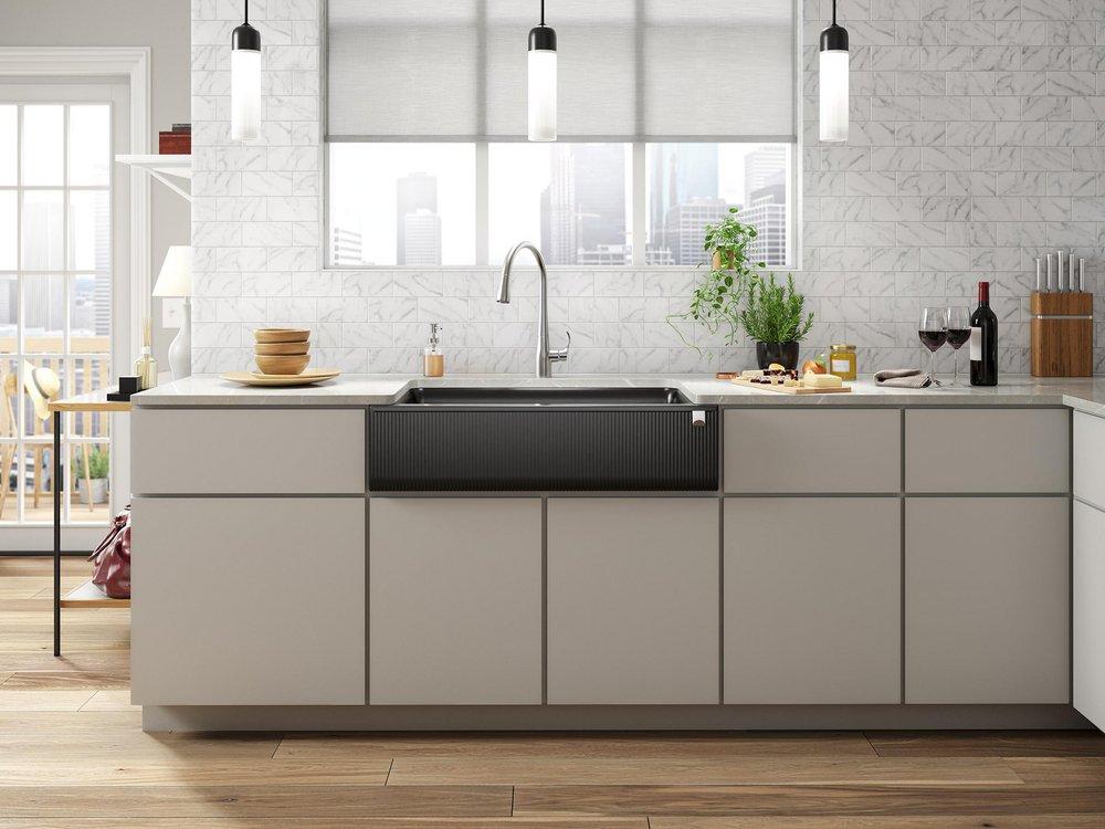 KOHLER Matte Black 35-11/16 x 21-3/16 in. No-Hole Neoroc Single Bowl Farmhouse and Undermount Kitchen Sink 