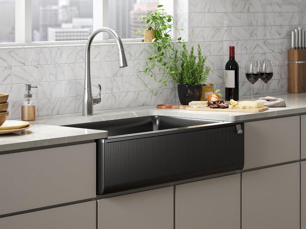 KOHLER Matte Black 35-11/16 x 21-3/16 in. No-Hole Neoroc Single Bowl Farmhouse and Undermount Kitchen Sink 