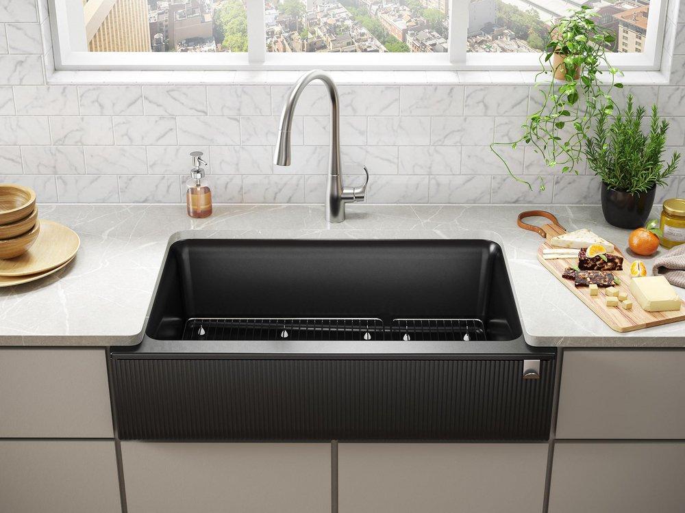KOHLER Matte Black 35-11/16 x 21-3/16 in. No-Hole Neoroc Single Bowl Farmhouse and Undermount Kitchen Sink 