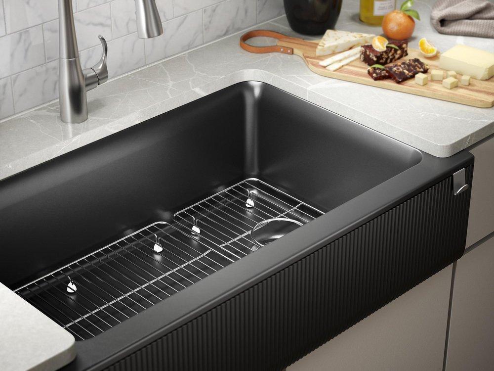 KOHLER Matte Black 35-11/16 x 21-3/16 in. No-Hole Neoroc Single Bowl Farmhouse and Undermount Kitchen Sink 