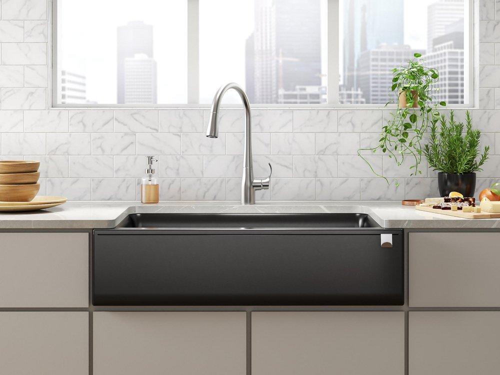 KOHLER Matte Black 34 x 21-3/16 in. No-Hole Composite Single Bowl Farmhouse and Undermount Kitchen Sink 