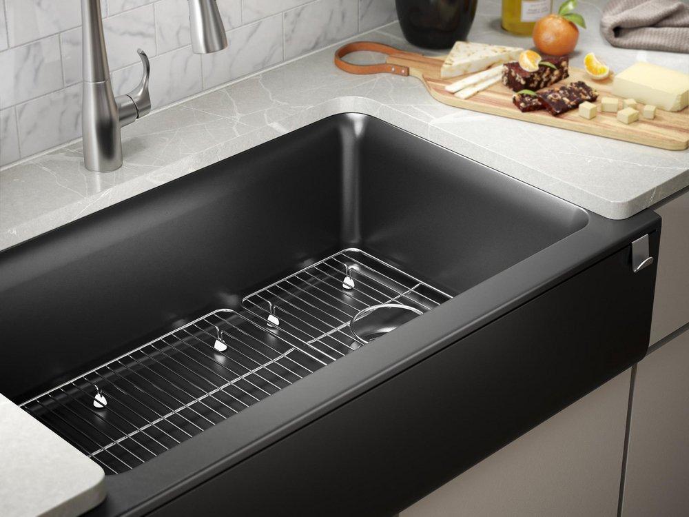 KOHLER Matte Black 34 x 21-3/16 in. No-Hole Composite Single Bowl Farmhouse and Undermount Kitchen Sink 