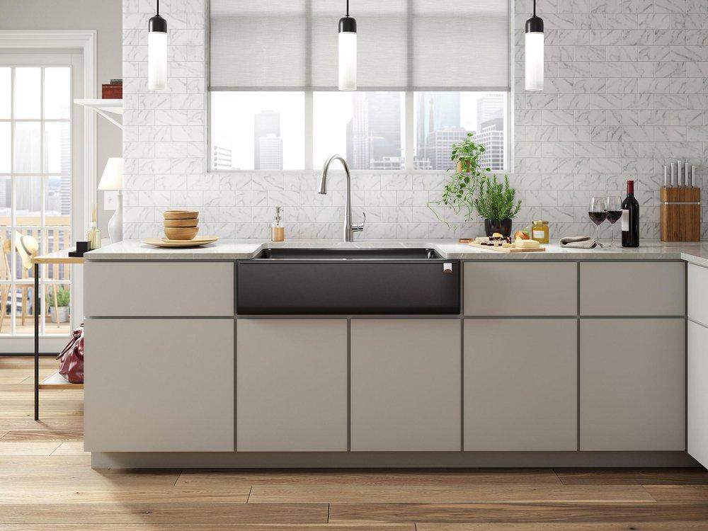 KOHLER Matte Black 35-11/16 x 21-3/16 in. No-Hole Neoroc Single Bowl Farmhouse and Undermount Kitchen Sink 