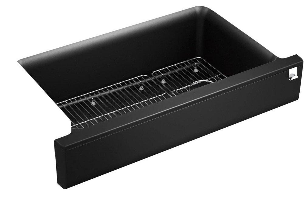KOHLER Matte Black 34 x 21-3/16 in. No-Hole Composite Single Bowl Farmhouse and Undermount Kitchen Sink 