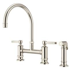 Two Handle Bridge Kitchen Faucet with Side Spray in Polished Nickel