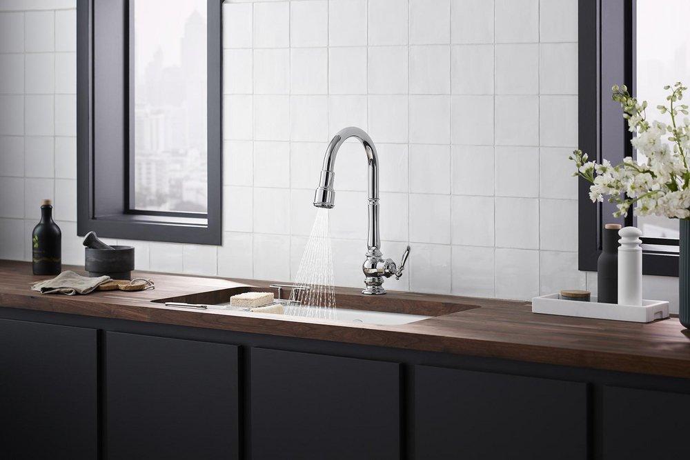 KOHLER Polished Chrome Single Handle Pull Down Kitchen Faucet 