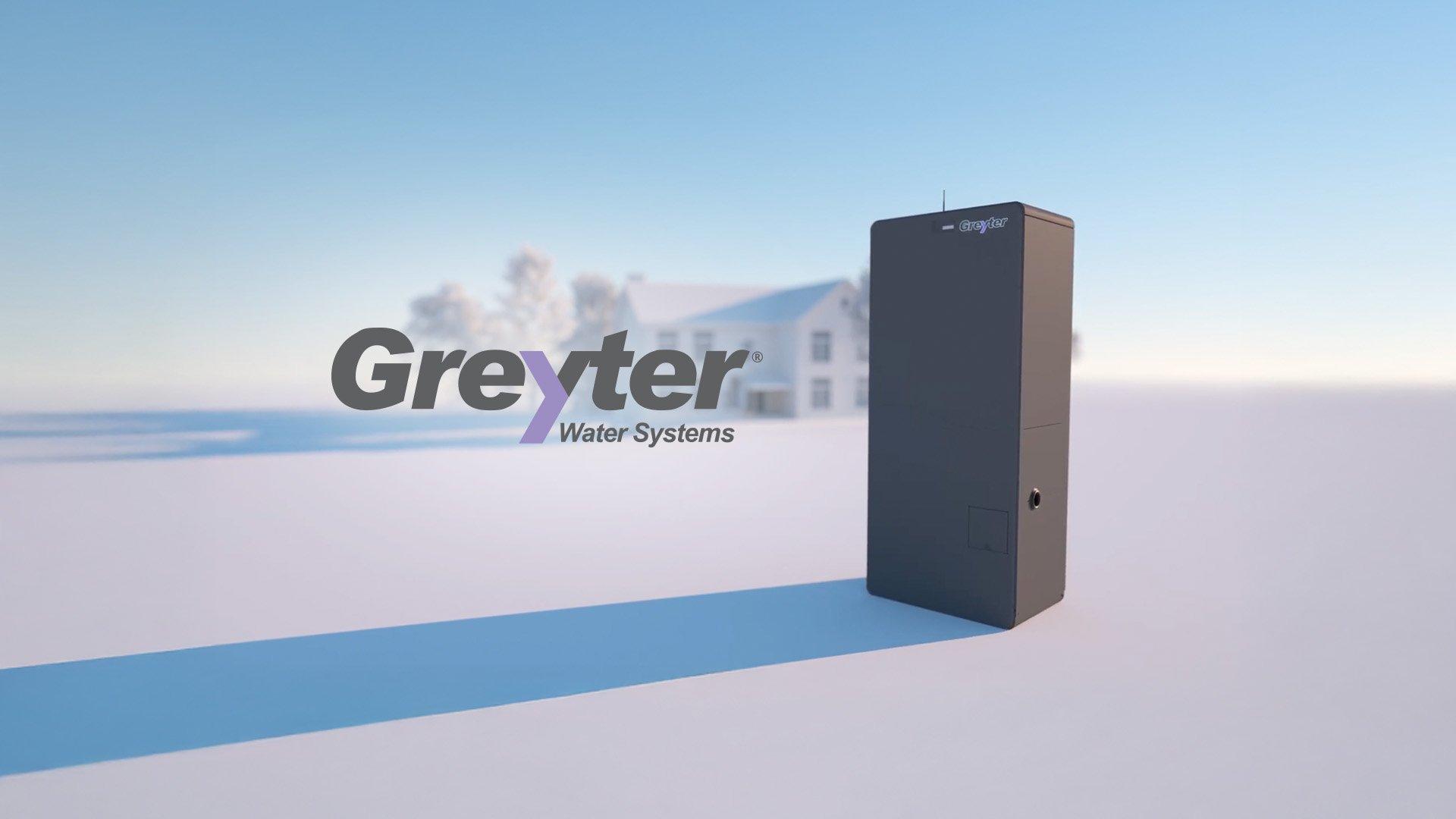 A graphic shows The Greyter Home system unit in front of a two-story home.