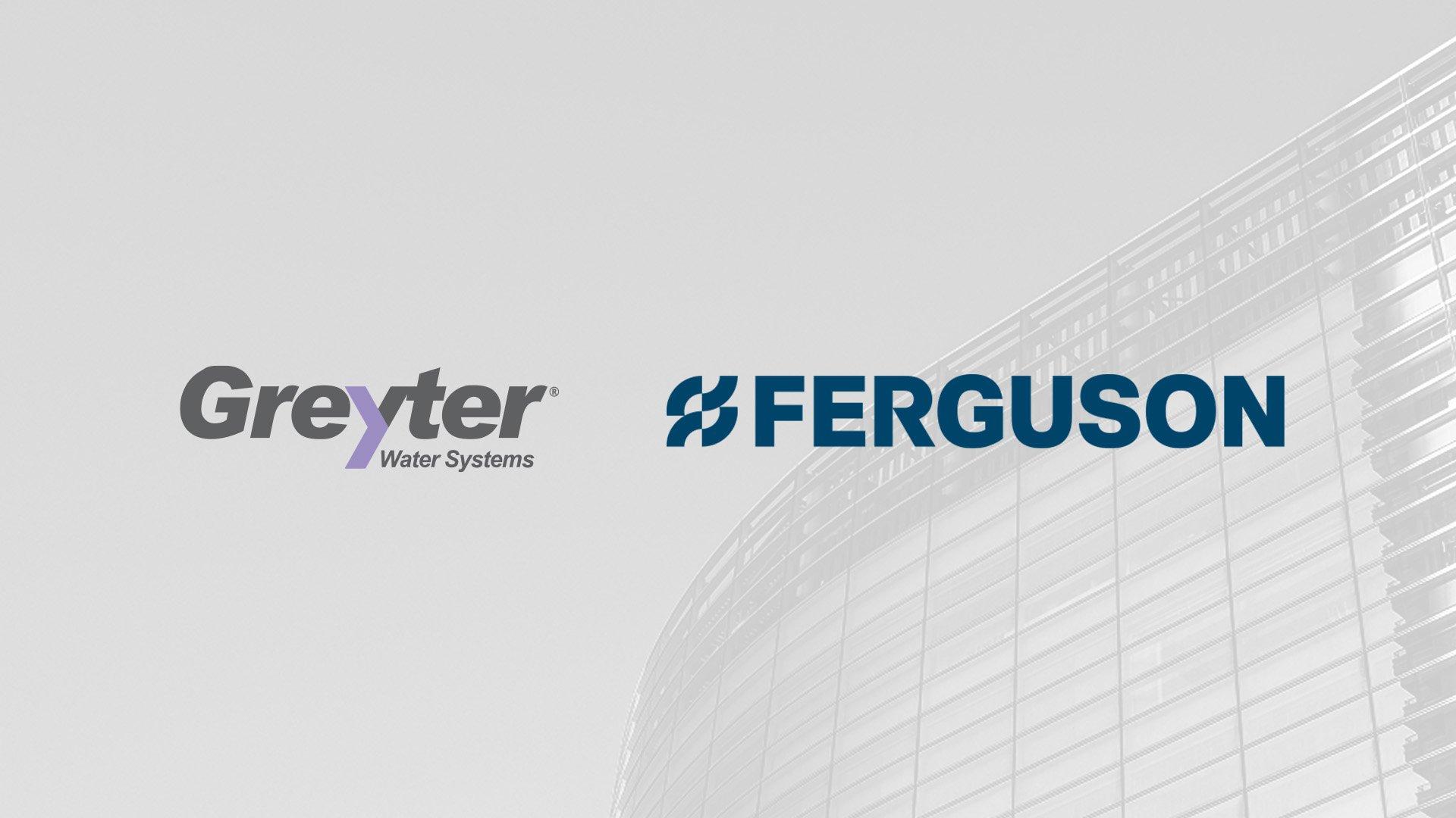 Greyter and Ferguson logos laid over a gray background and a large office building