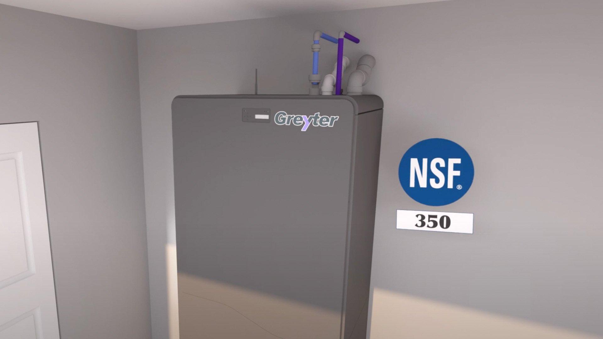 A graphic shows The Greyter HOME unit installed in a home, with NSF 350 added in text.