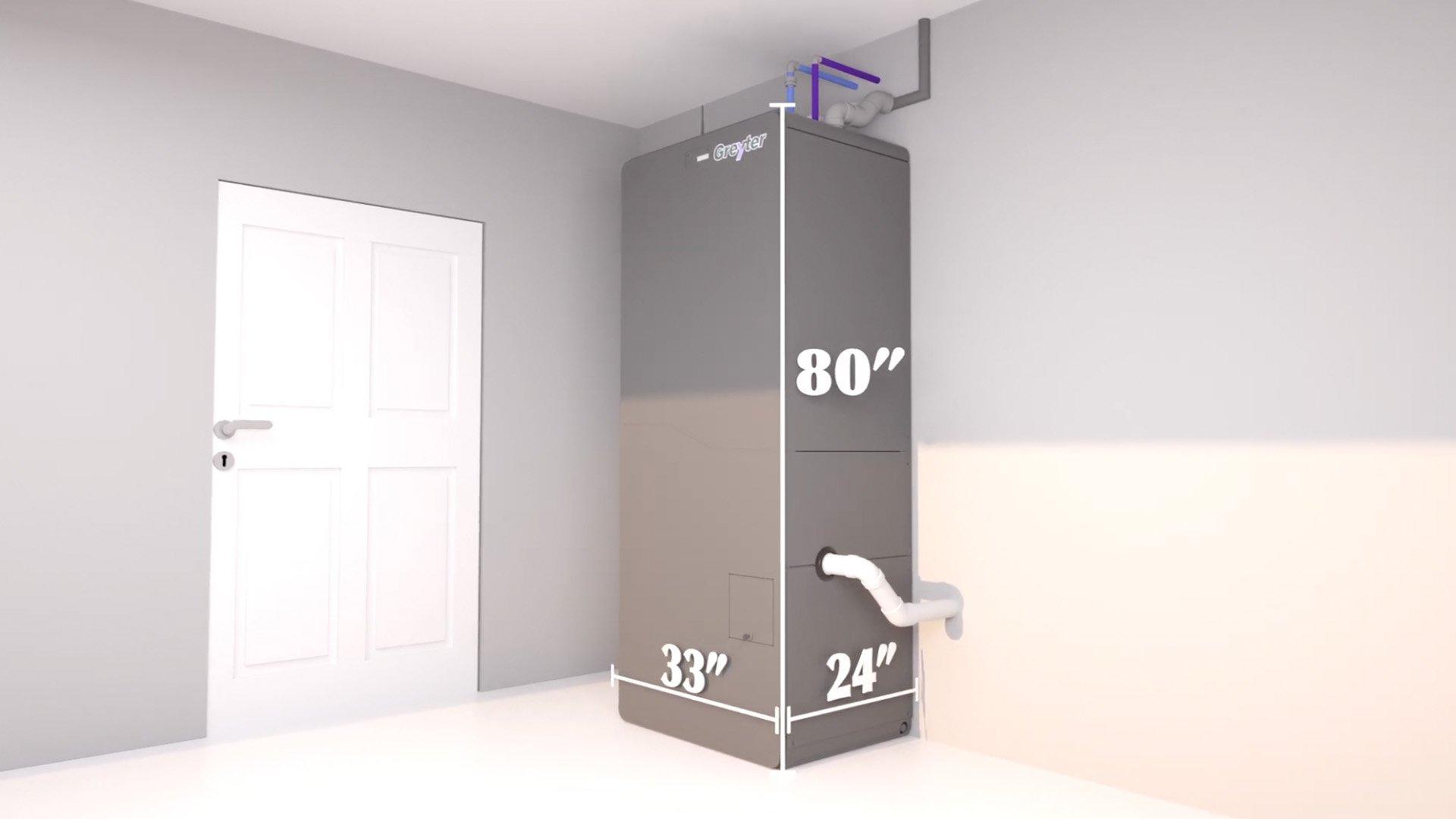 A graphic shows The Greyter HOME unit installed in a garage, with dimensions listed: 80" height, 24" depth, and 33" width.