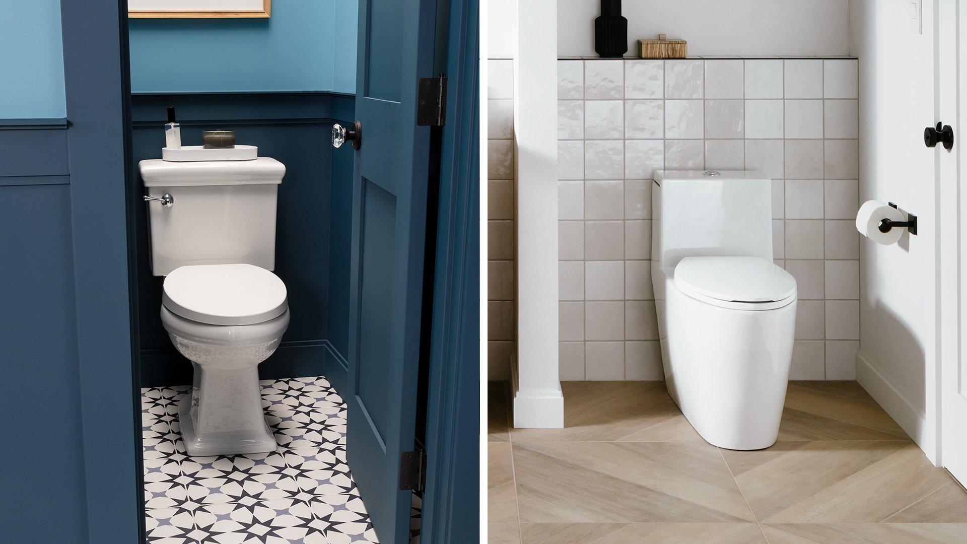 Images of two toilets, side-by-side, comparing toilet height in different bathrooms