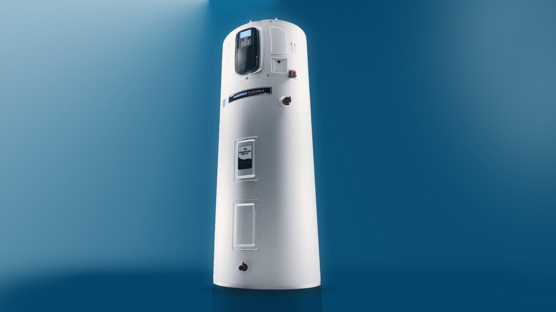 Bradford White Aerotherm G2 water heaters on blue background